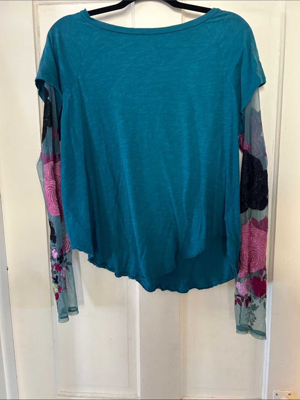 Free People Twofer Teal Long Sleeve Top with Embroidered Mesh Floral Sleeves